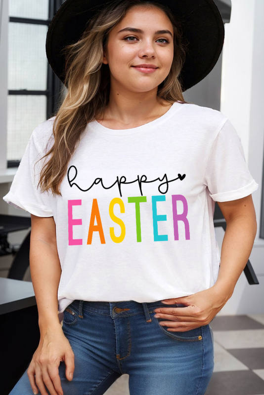 White happy EASTER Graphic Crewneck Plus Size T Shirt