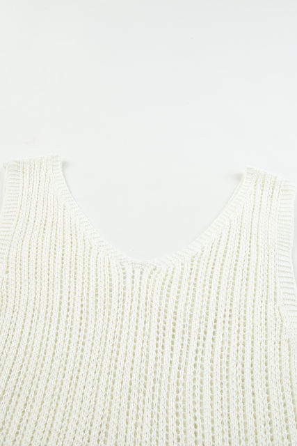 White Hollowed Knit V Neck Tank Top