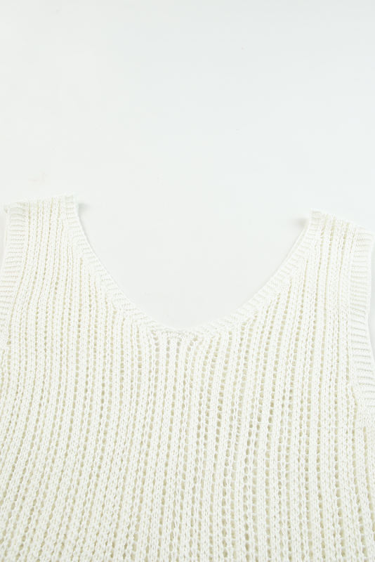 White Hollowed Knit V Neck Tank Top