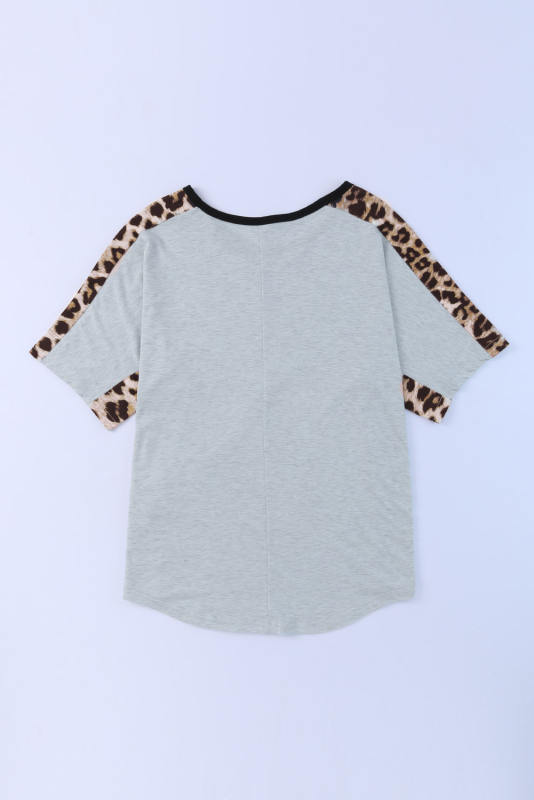 Gray Leopard Splicing O-neck Short Sleeve T Shirt