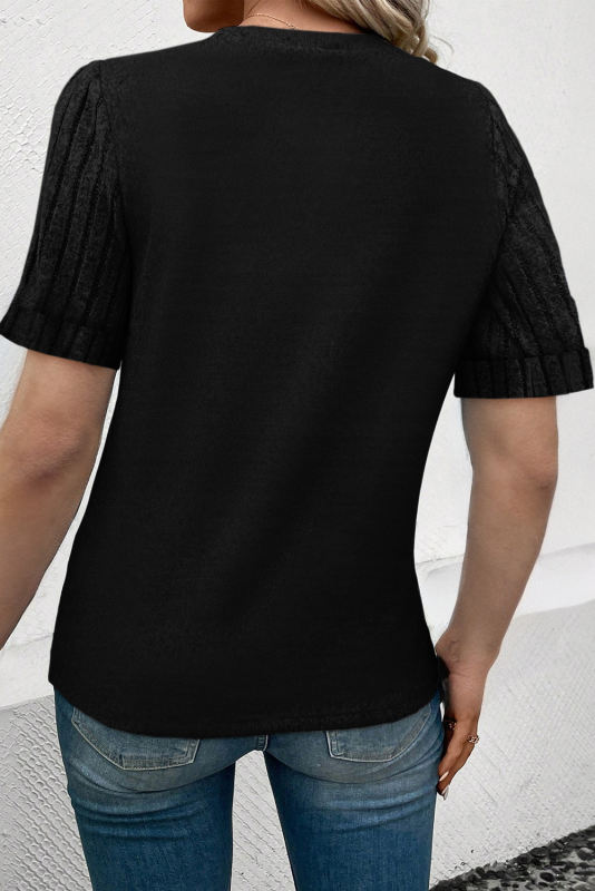Black Ribbed Splicing Sleeve Round Neck T-shirt