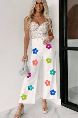 White High Rise Colorful Sequined Flower Flare Jeans