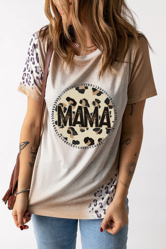 Khaki MAMA Leopard Bleached Print Crew Neck T Shirt