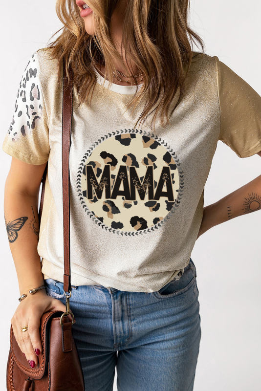 Khaki MAMA Leopard Bleached Print Crew Neck T Shirt