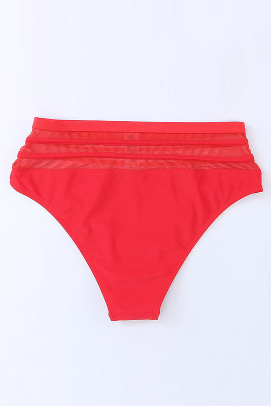 Fiery Red Mesh Striped High Waist Bikini Bottoms