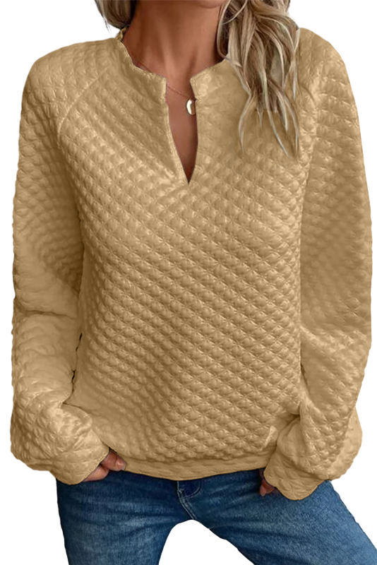 White Split Neck Quilted Long Sleeve Top
