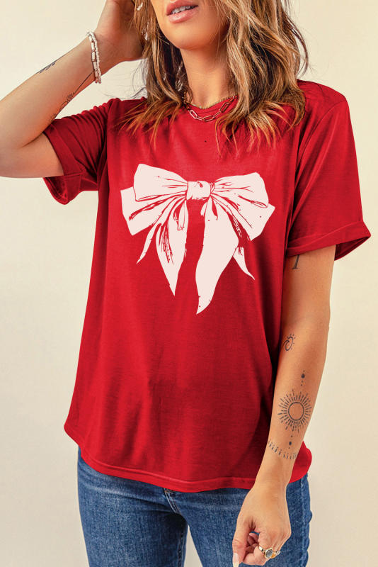Red Cute Bow Knot Print Crew Neck T Shirt