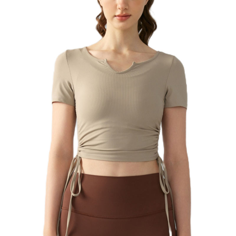 Khaki Solid Color Drawstring Active Crop Top