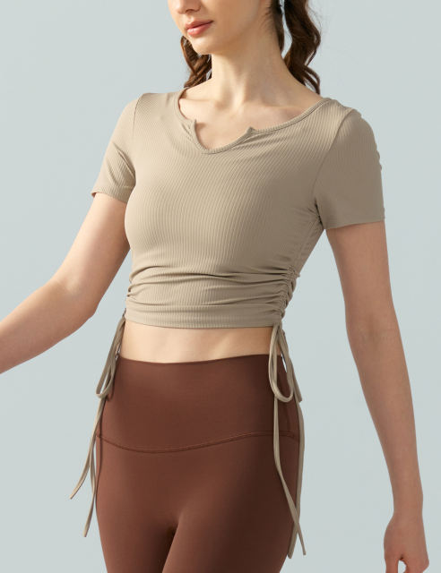 Khaki Solid Color Drawstring Active Crop Top