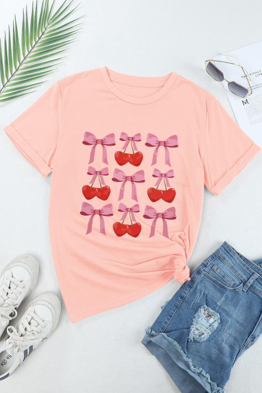 Pink Bow Cherry Print Crew Neck Casual T Shirt