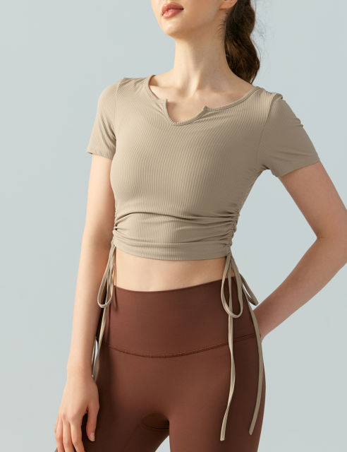 Khaki Solid Color Drawstring Active Crop Top