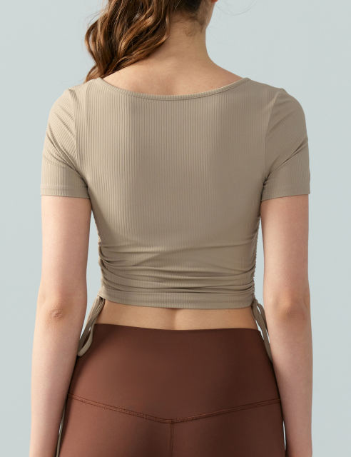 Khaki Solid Color Drawstring Active Crop Top