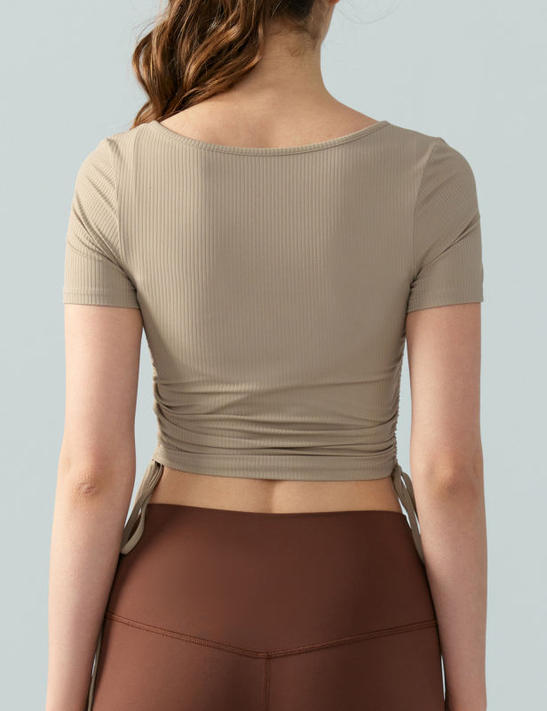 Khaki Solid Color Drawstring Active Crop Top