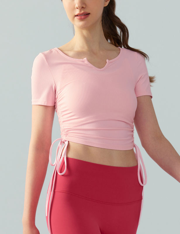 Pink Solid Color Drawstring Active Crop Top