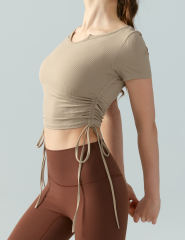 Khaki Solid Color Drawstring Active Crop Top