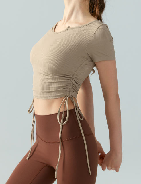 Khaki Solid Color Drawstring Active Crop Top