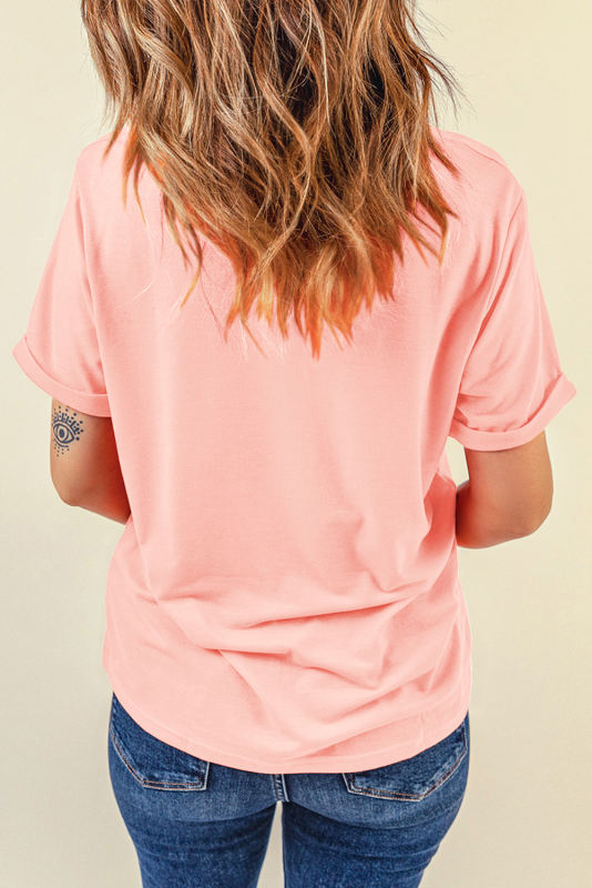 Pink Bow Cherry Print Crew Neck Casual T Shirt