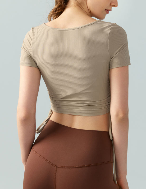 Khaki Solid Color Drawstring Active Crop Top