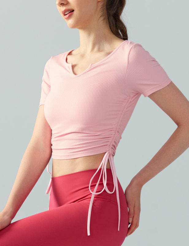 Pink Solid Color Drawstring Active Crop Top