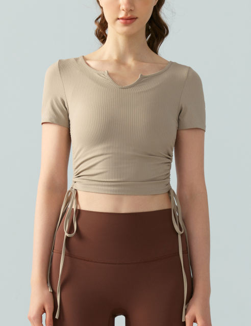 Khaki Solid Color Drawstring Active Crop Top