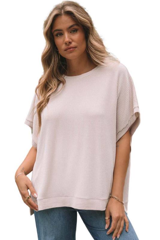 Apricot Ribbed Knit Batwing Sleeve Tunic Oversized T Shirt LC25121156-18