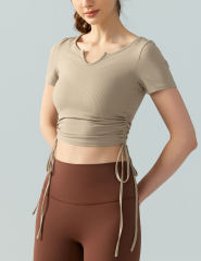 Khaki Solid Color Drawstring Active Crop Top