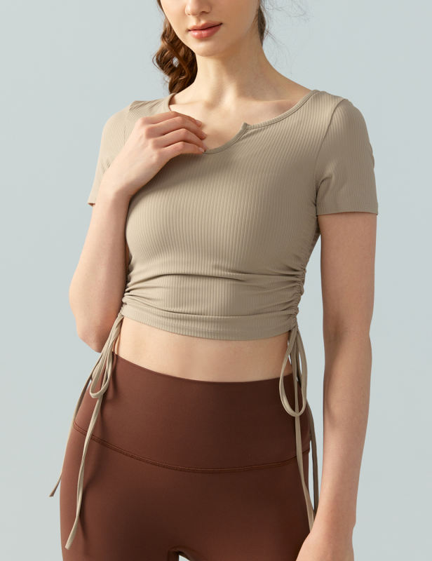 Khaki Solid Color Drawstring Active Crop Top