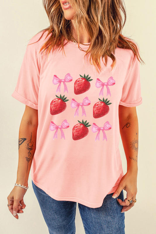 Pink Strawberry &amp; Bowknot Graphic T Shirt