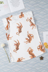 White Tiger Print Flutter Sleeve Crew Neck Blouse