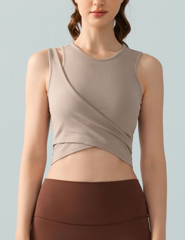 Khaki Ribbed Spliced Yoga Vest Active Tank Top