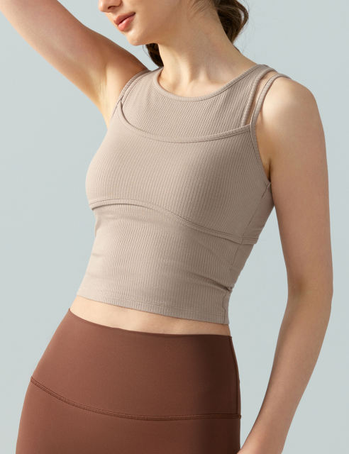 Khaki Ribbed Vintage Yoga Vest Active Tank Top