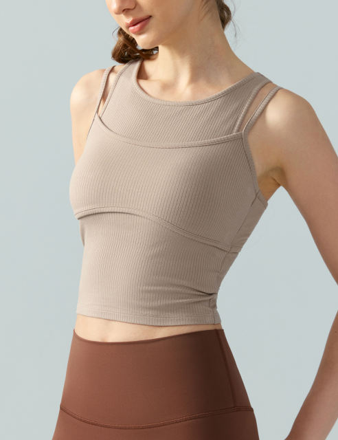 Khaki Ribbed Vintage Yoga Vest Active Tank Top