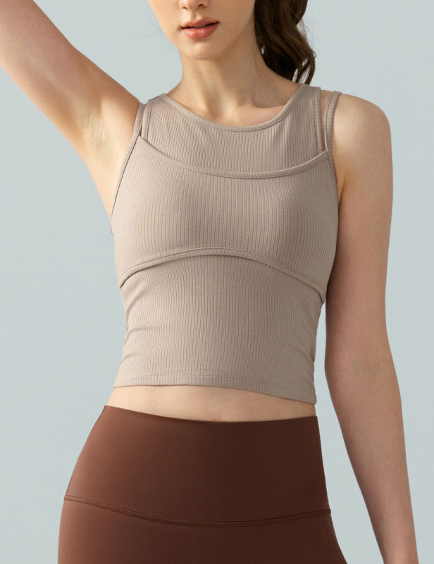 Khaki Ribbed Vintage Yoga Vest Active Tank Top