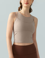 Khaki Ribbed Vintage Yoga Vest Active Tank Top