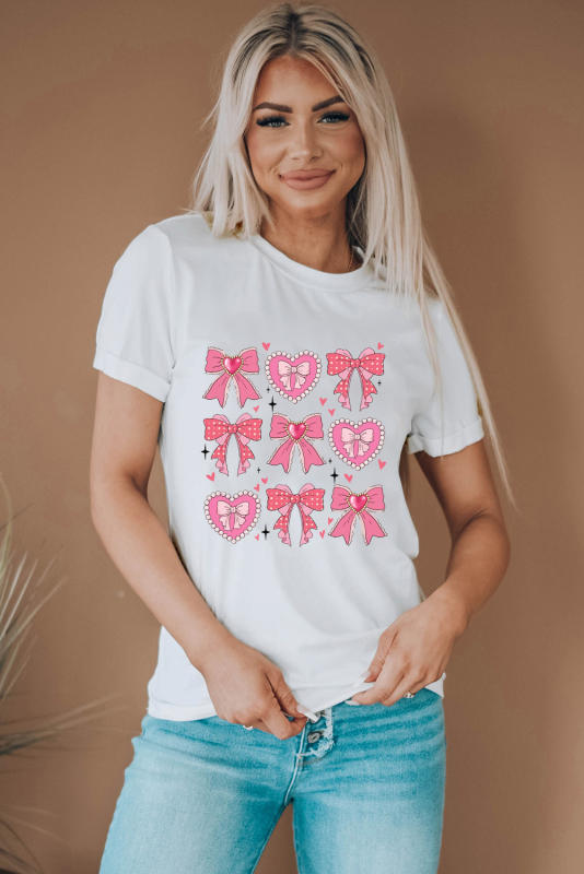 White Sweet Bow Heart Shaped Print Crew Neck Casual Tee