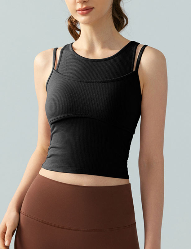 Black Ribbed Vintage Yoga Vest Active Tank Top