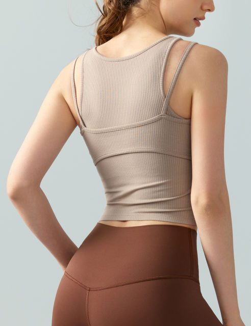 Khaki Ribbed Vintage Yoga Vest Active Tank Top