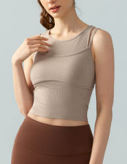 Khaki Ribbed Vintage Yoga Vest Active Tank Top
