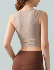 Khaki Ribbed Spliced Yoga Vest Active Tank Top