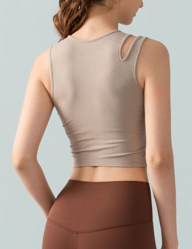 Khaki Ribbed Spliced Yoga Vest Active Tank Top