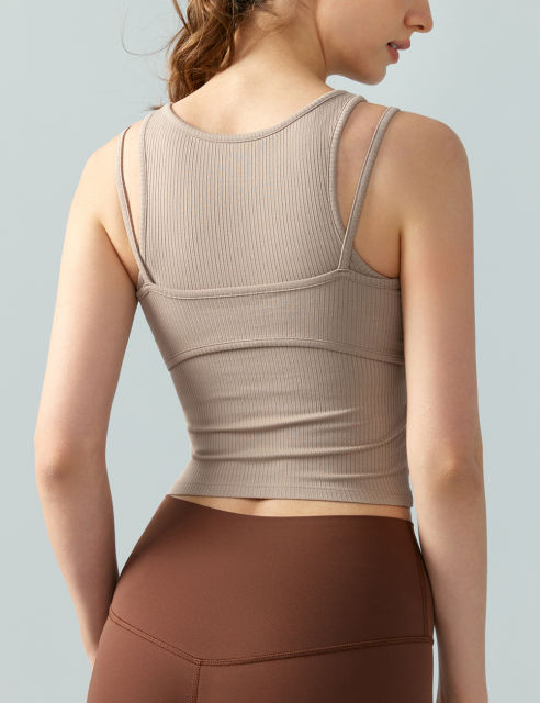 Khaki Ribbed Vintage Yoga Vest Active Tank Top