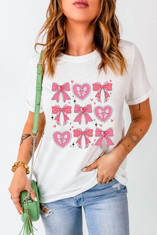 White Sweet Bow Heart Shaped Print Crew Neck Casual Tee