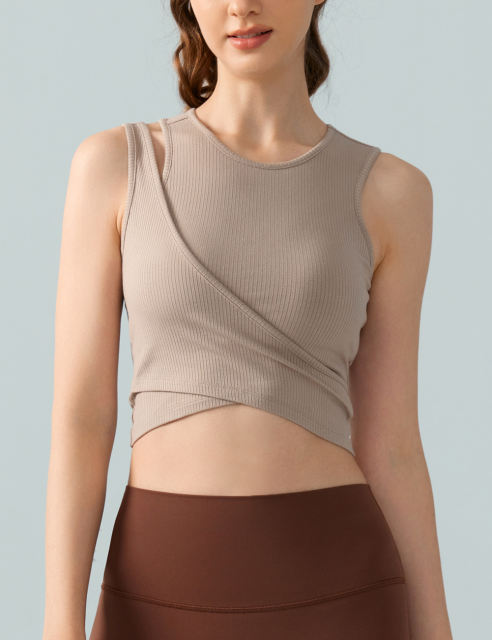 Khaki Ribbed Spliced Yoga Vest Active Tank Top