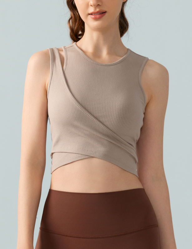Khaki Ribbed Spliced Yoga Vest Active Tank Top