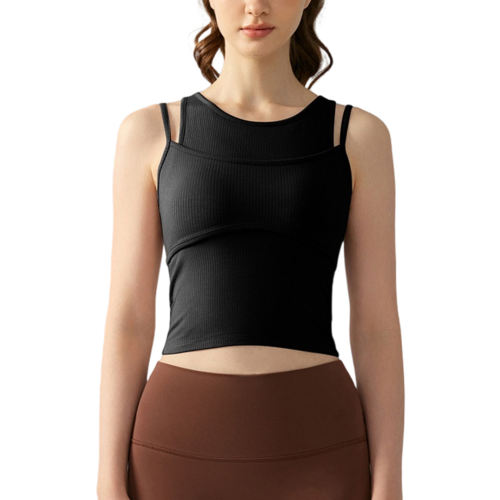 Black Ribbed Vintage Yoga Vest Active Tank Top