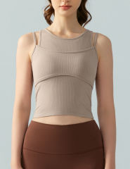 Khaki Ribbed Vintage Yoga Vest Active Tank Top