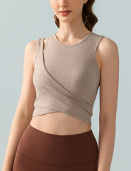 Khaki Ribbed Spliced Yoga Vest Active Tank Top