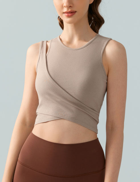 Khaki Ribbed Spliced Yoga Vest Active Tank Top