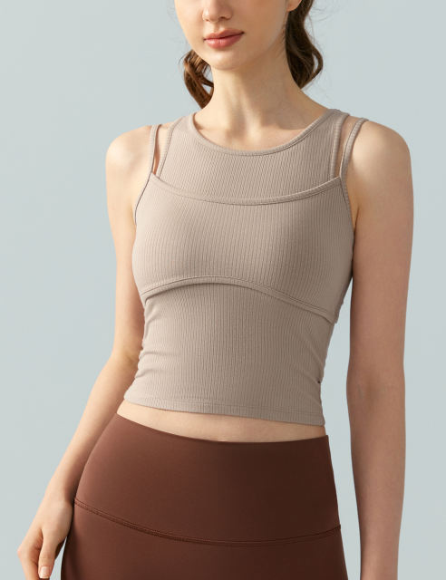 Khaki Ribbed Vintage Yoga Vest Active Tank Top