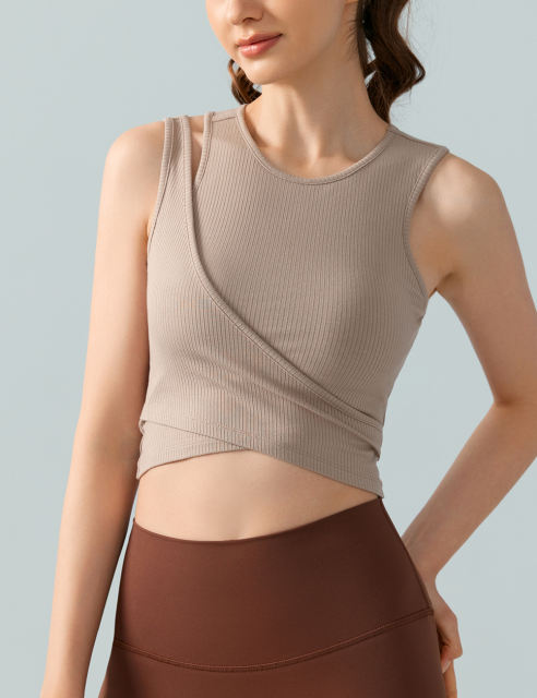 Khaki Ribbed Spliced Yoga Vest Active Tank Top